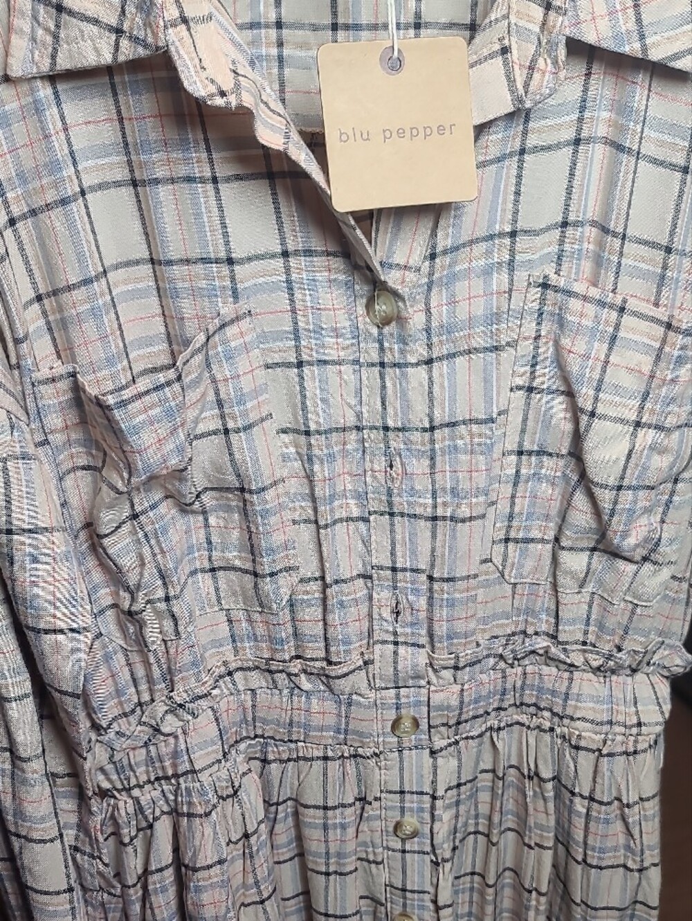 BLU PEPPER Beige Multi Plaid Collared Button Down Long Sleeve Dress - Picture 3 of 3